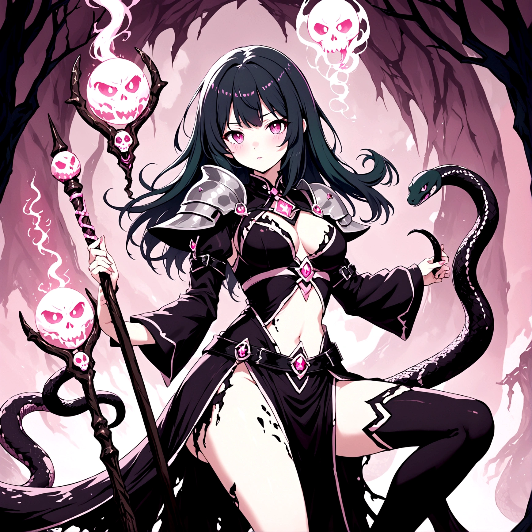 Lorana character adult is a witch in a dark torn dress, silver shoulder pads: snake reliefs, orbs: pink skulls sketchbook: the character in 3 ways front, back and in profile, various poses: combat, sitting, Snake Staff: emanation of dark