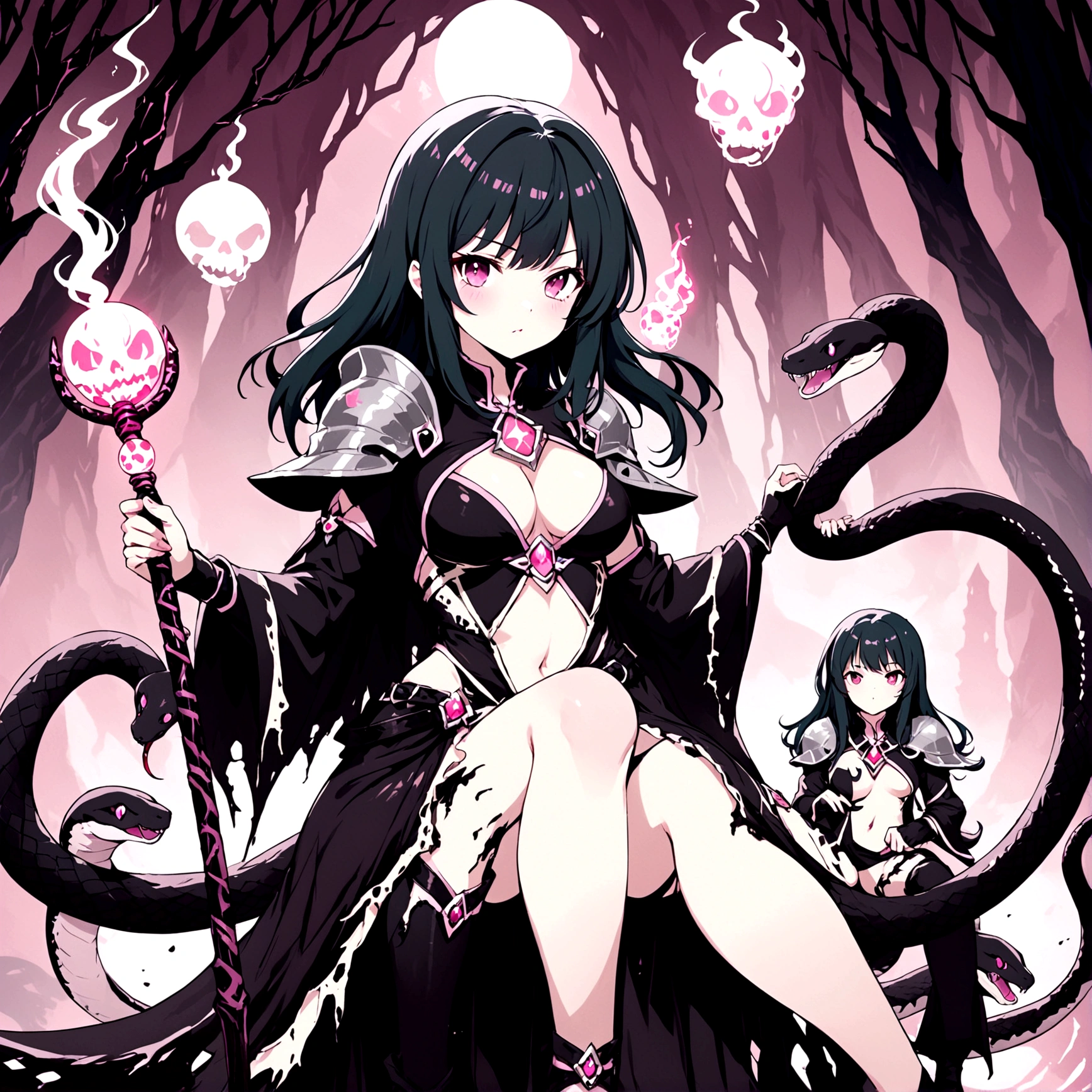 Lorana character adult is a witch in a dark torn dress, silver shoulder pads: snake reliefs, orbs: pink skulls sketchbook: the character in 3 ways front, back and in profile, various poses: combat, sitting, Snake Staff: emanation of dark