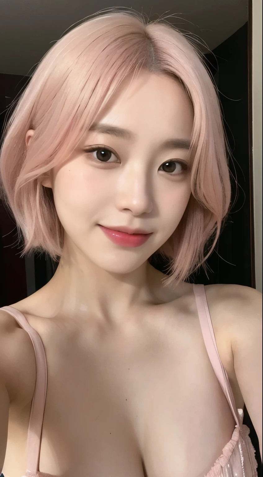 Haruno sakura, ((alone)), alone, E cup breasts,, ((Show your forehead)), smile,Are standing, Taking a selfie of myself in the mirror, Pink Hair, short hair, delicate, young, short hair, Detailed face, High resolution, ((whole body)), Bedroom, whole body, she is a beautiful , High quality face, beautiful, Shine,(masterpiece:1.3), High resolution, Very detailed, Very detailedな,Unity 8k wallpaper, Realistic, photo-Realistic, RAW Photos, Beautifully detailed face, Pale skin, Realistic glistening skin,