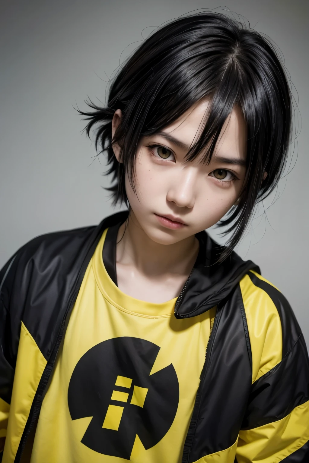 Make a jujustu kaisen-style image of a teenager with black hair and yellow eyes