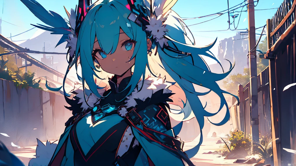 Miku Hatsune x Aloy Forbidden Horizon Dragon West Armor Tenack, add high definition_detail:1, blue fur,kitsune ears, tribal tattoo add_detail:1, sensual pose against the wall add_details:1, tribal feather necklace, rainbow feather skirt, Tribal feather body decorations in high definition., tribal feather bralette, desert landscape oasis in the background, exhausted girl, perspiration, very hot, intense sun add_detailsl 