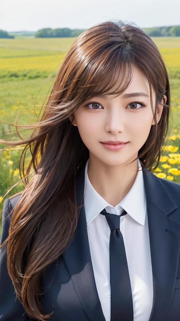 highest quality、genuine、Super detailed、finely、High resolution、8k wallpaper、one beautiful woman、、、light brown disheveled hair、wearing a business suit、sharp focus、perfect dynamic composition、beautiful and detailed eyes、thin hair、Detailed genuine skin texture、smile、model body shape、In a windswept meadow