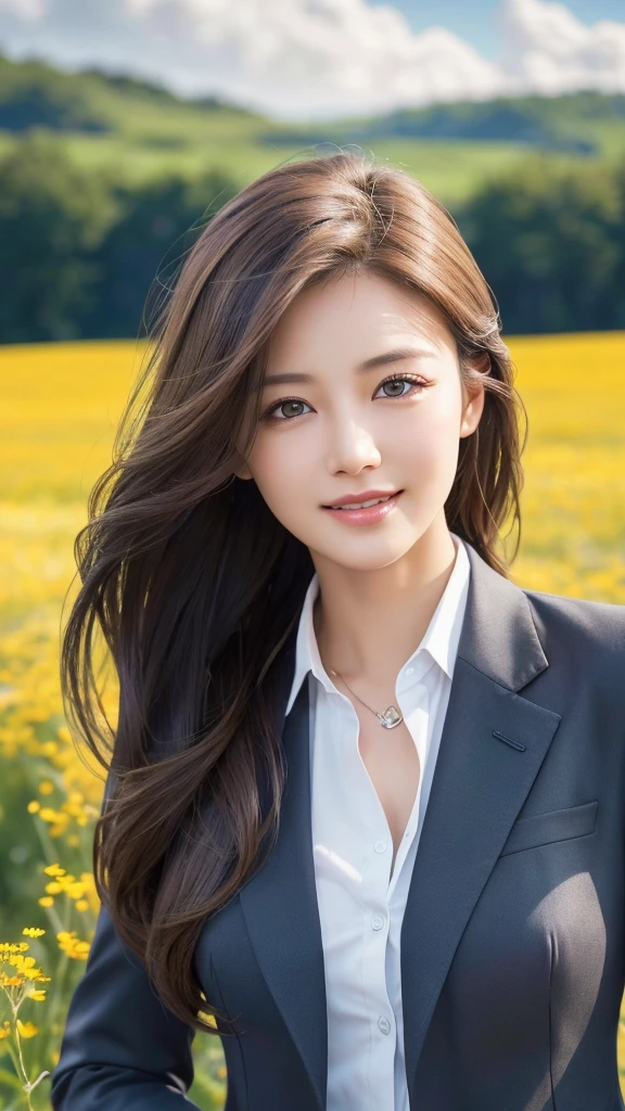 highest quality、genuine、Super detailed、finely、High resolution、8k wallpaper、one beautiful woman、、、light brown disheveled hair、wearing a business suit、sharp focus、perfect dynamic composition、beautiful and detailed eyes、thin hair、Detailed genuine skin texture、smile、model body shape、In a windswept meadow