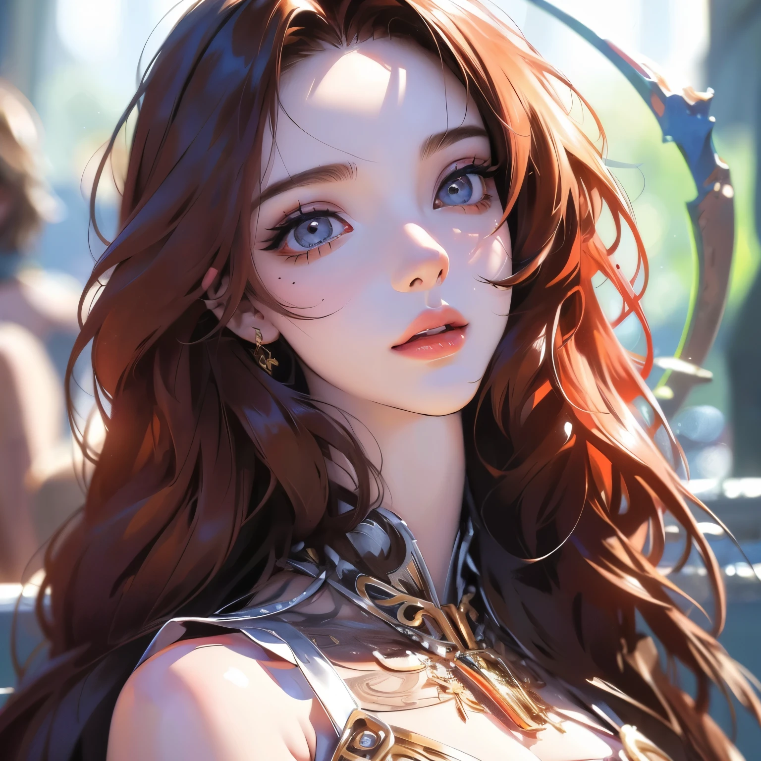 woman, clear skin, detailed eyes, pretty lashes, pretty dark red lipgloss, summerdress, halfbody,a intricate jewelry, sparkling hair,, beautiful detailed eyes, beautiful detailed lips, extremely detailed face, long eyelashes, (best quality,4k,8k,highres,masterpiece:1.2),ultra-detailed,(realistic,photorealistic,photo-realistic:1.37),professional,vivid colors,dramatic lighting,cinematic composition,elegant portraiture, gold hair,, Clear Theme, Perfect Composition Ratio, Masterpiece, Best Quality, 4K, Sharp Focus. Better Hand, Perfect Anatomy. by AYMSHANK,Julia Razumova's and style of Carne Griffiths