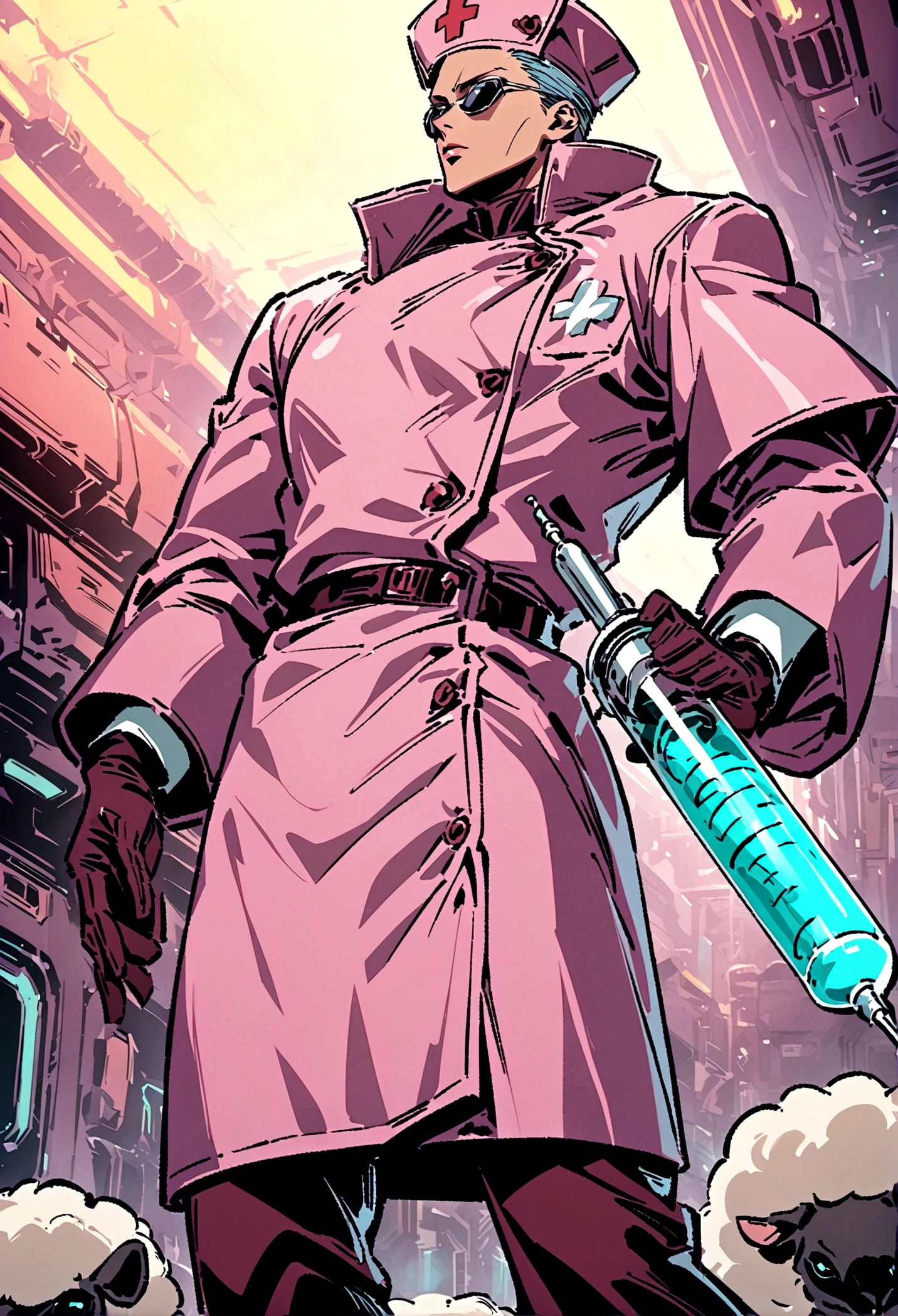 (jujutsu kaisen art style), stuffed sheep standing, has a giant syringe , is wearing nurse outfit, non human, no humans, artwork