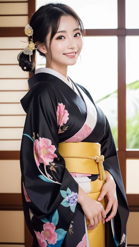 (Super beautiful woman in kimono)、((highest quality、8K masterpiece:1.3))、sharp focus:1.2、(super beautiful face:1.0)、(shiny skin:1.0)、realistic pictures、black hair、video lighting、High resolution eyes and face、video lighting、japanese actress、from the front、with a happy smile、whole body、wearing a kimono、in Kyoto、(luxury obi)、with a fan