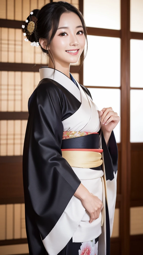 (Super beautiful woman in kimono)、((highest quality、8K masterpiece:1.3))、sharp focus:1.2、(super beautiful face:1.0)、(shiny skin:1.0)、realistic pictures、black hair、video lighting、High resolution eyes and face、video lighting、japanese actress、from the front、with a happy smile、whole body、wearing a kimono、in Kyoto、(luxury obi)、with a fan