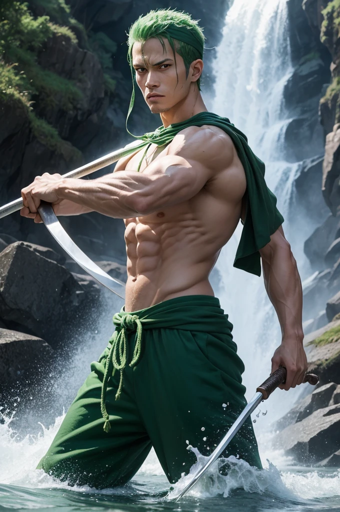 Imagine Zoro, the swordsman of "One Piece", training under a powerful waterfall. he is standing, with his iconic green-tied bandana, holding his three swords while facing the force of the water that falls with great intensity. Water sprays around him, creating an aura of determination and intense training. The scene captures his absolute concentration and relentless determination to become stronger.