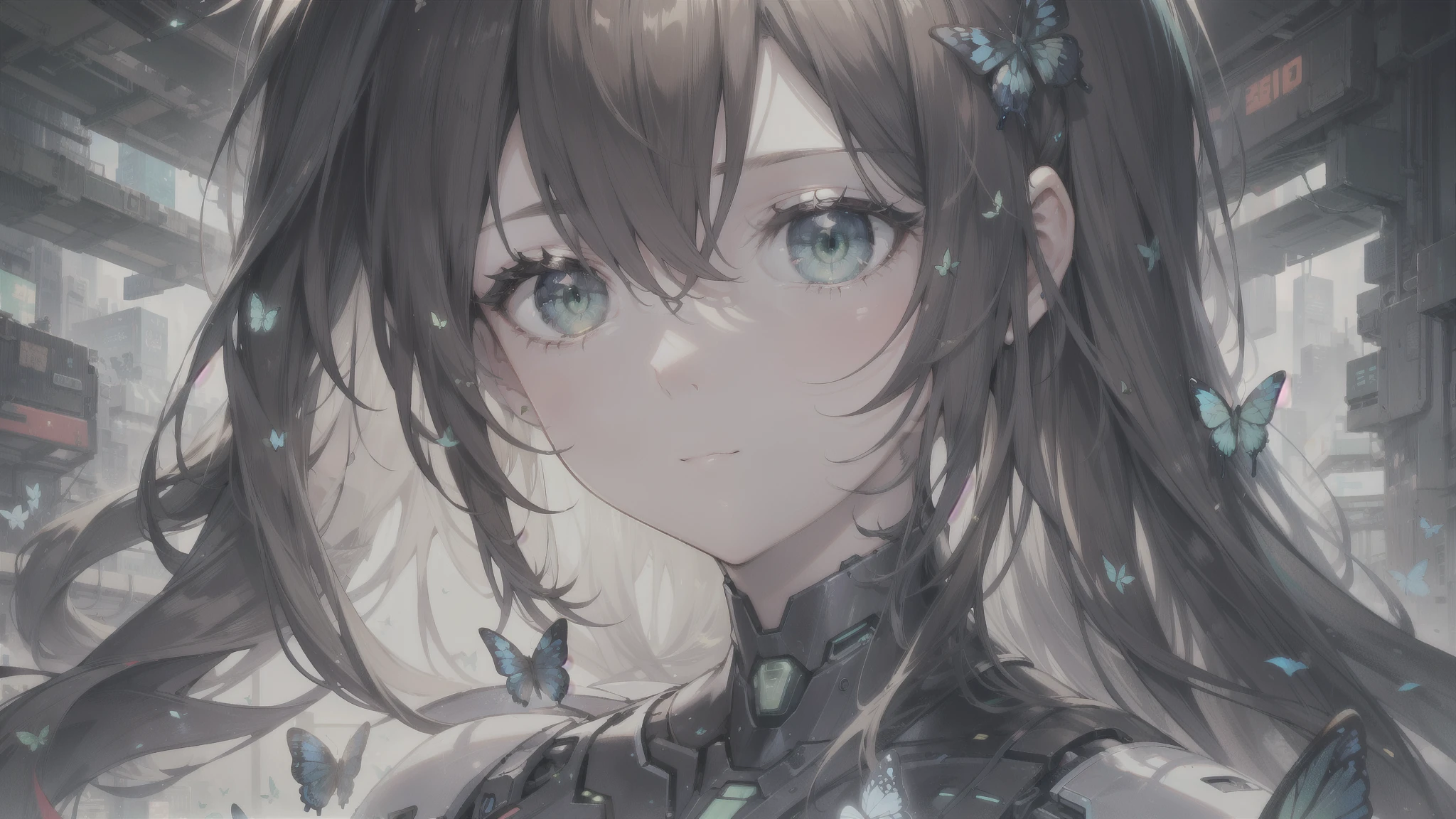 (masterpiece), best quality, ultra high res, sharp focus, natural lightning, medium close-up, mls, a beautiful robot humanoid woman surrounded by butterflies with circuit patterns, beautiful green eyes, amaze face, brunette long wavy hair, in the cyberpunk city