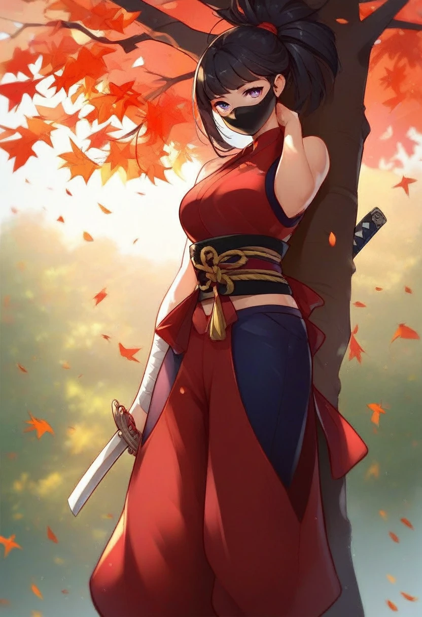 ninja, anime style, masked, sexy, under a sakura tree, score_9, score_8_up, score_7_up, score_6_up, score_5_up, score_4_up, hd, (ultra hd quality details), 8K