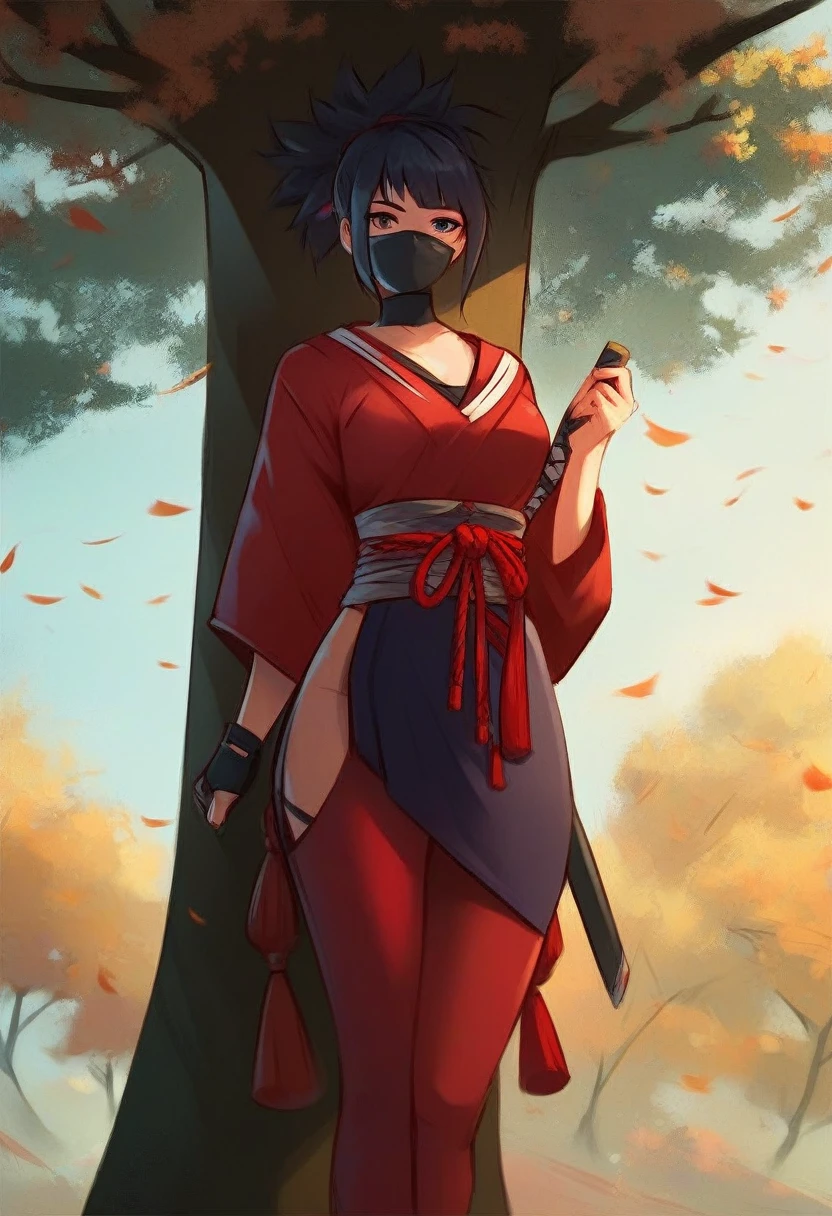 ninja, anime style, masked, sexy, under a sakura tree, score_9, score_8_up, score_7_up, score_6_up, score_5_up, score_4_up, hd, (ultra hd quality details), 8K