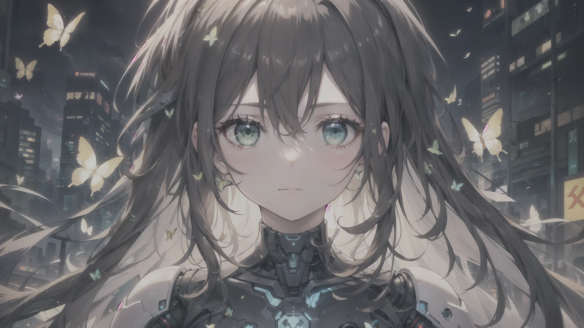 (masterpiece), best quality, ultra high res, sharp focus, natural lightning, medium close-up, mls, a beautiful robot humanoid woman surrounded by butterflies with circuit patterns, beautiful green eyes, amaze face, brunette long wavy hair, in the cyberpunk city