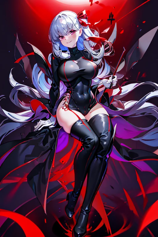 Black full body suit　Red lines all over the body　huge tit　Big ass　Whip thighs　seductiv　a smile　succubus　sprawl