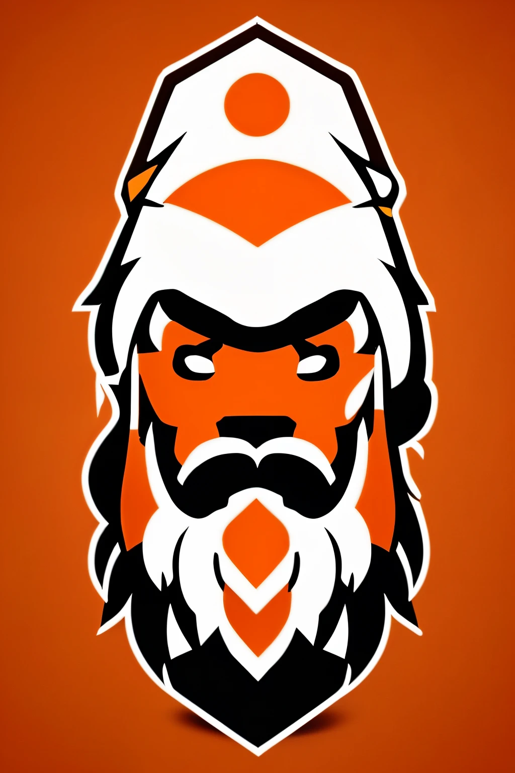 A logo of a close up of a man with a white beard and turban on a orange background, game logo, esports logo, inspired by Tyler Jacobson, official fan art, official fanart, inspired by Jang Seung-eop, kda, tyler jacobson style, inspired by Unkoku Togan, patch logo design, blade, warrior, sheild