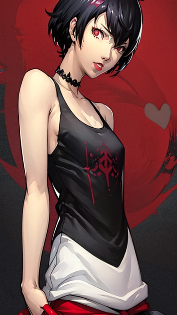 1 girl, very Short hair, tomboy Pixie haircut, black hair, red eyes, lipstick, black choker, face portrait, tank top, shigenori soejima style, perfect art