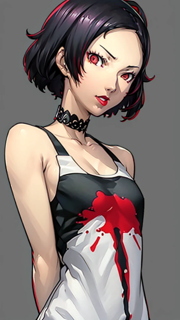 1 girl, very Short hair, black hair, red eyes, lipstick, black choker, face portrait, tank top, shigenori soejima style