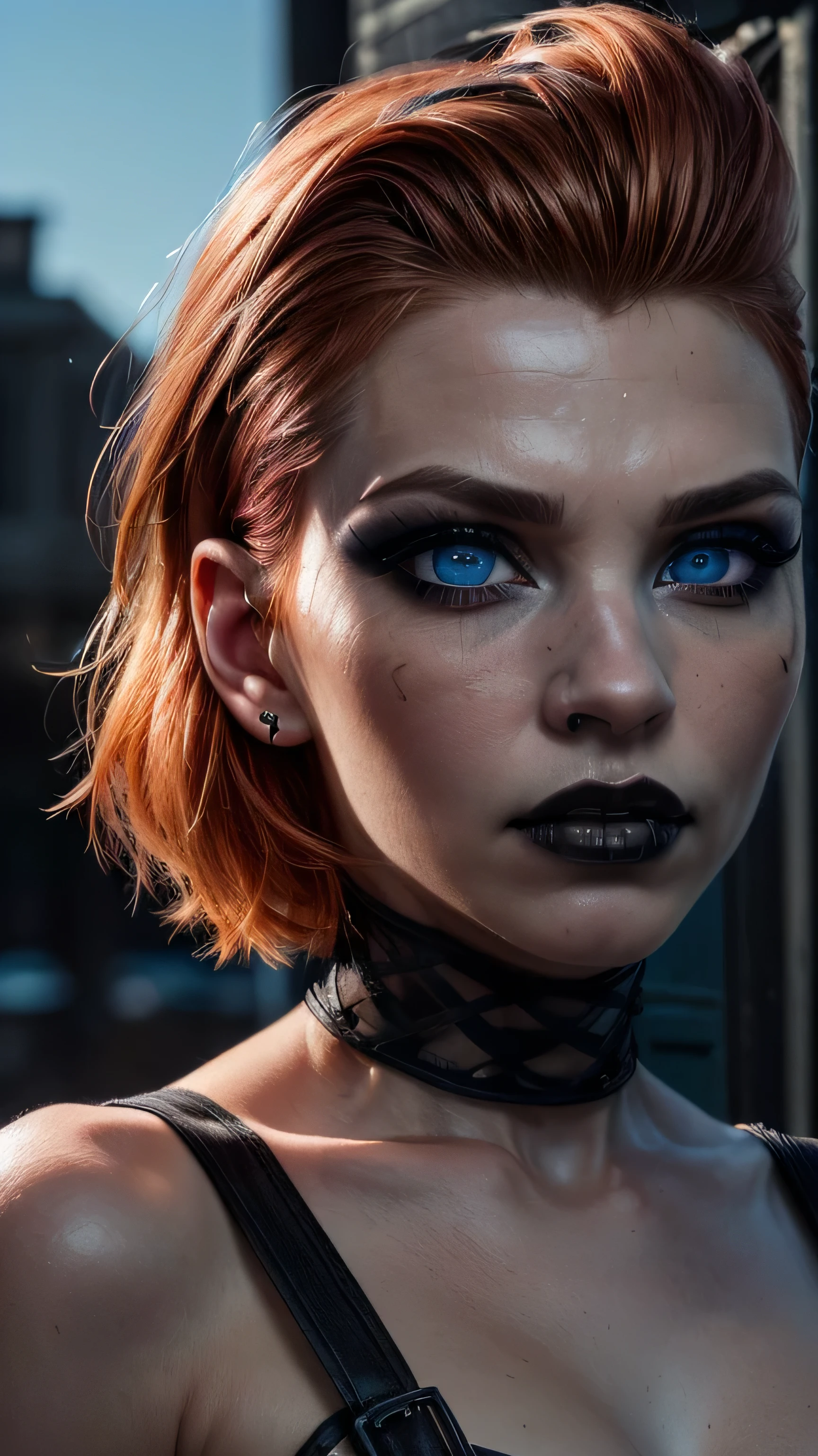 (masterpiece, photorealistic:1.4, extremely intricate:1.3), (photon mapping, radiosity, physically based rendering, ultra resolution, hyper-realistic, 8K),  (detailed 30 year old android woman, (((blackout gothic eye makeup, portrait) ice blue eyes, short ginger hair, shaved sides), determined expression)), photorealistic, hyper-realistic, 8K