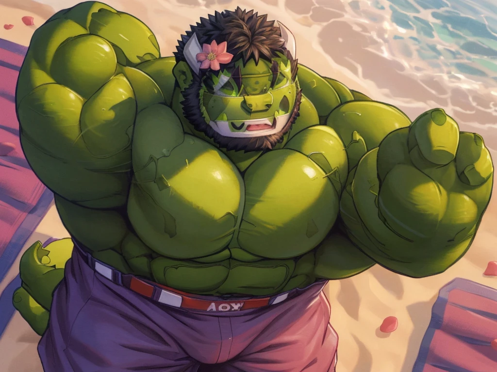 bara, furry, furry_male,male focus, solo, muscular male,  (((green bear))), (((green fur))), green hair, green eyes, beard, eyebrows, green fur, gym, selfie, work out, before the mirror,(masterpiece:1.2), best quality,pixiv,official art,(Ray tracing, light), (flower petal in the sky :1.3), (1_male:1.3), (solo:1.2) , portrait , (muscle), (muscle bear), (hulk:2.1), (bear tail), (beard:1.2), (gleaming green eyes), Thick eyebrows, shirtless and topless,, purple trunks , Salar de Uyuni ,reflection, looking at viewer, full body ,beach , sea , sunny