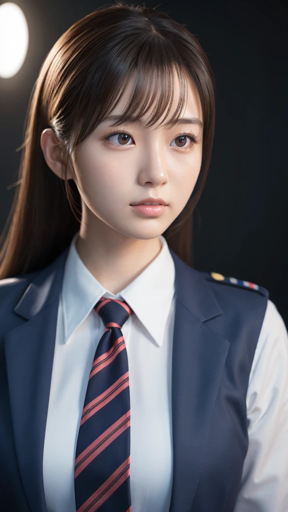 A beautiful young Japanese woman, around 20 years old, wearing a stewardess uniform, ultra-detailed, 8K resolution, highly realistic, cinematic lighting, best quality, masterpiece, photorealistic, physically-based rendering, extremely detailed, vivid colors, professional, sharp focus, studio lighting