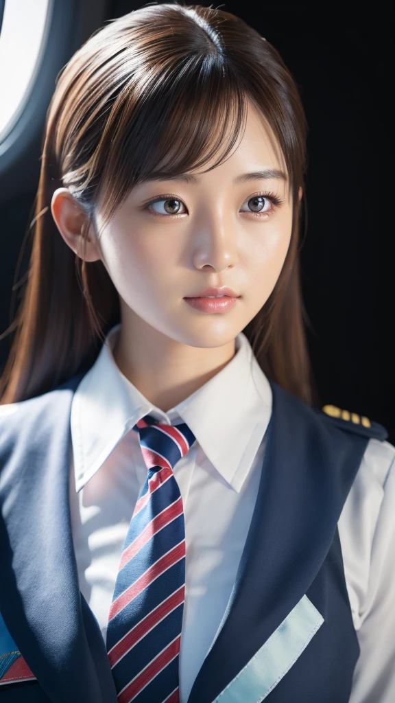 A beautiful young Japanese woman, around 20 years old, wearing a stewardess uniform, ultra-detailed, 8K resolution, highly realistic, cinematic lighting, best quality, masterpiece, photorealistic, physically-based rendering, extremely detailed, vivid colors, professional, sharp focus, studio lighting