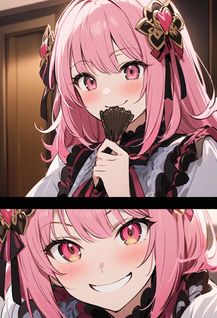 arrogant、Pink Hair Woman、Holding a fan、smiling、Frilled Fan、Dress up、hair ornaments、Ahohohoho、Bullying face、Close-up of face、Hide your mouth with a fan、1Picture、Do not split frames