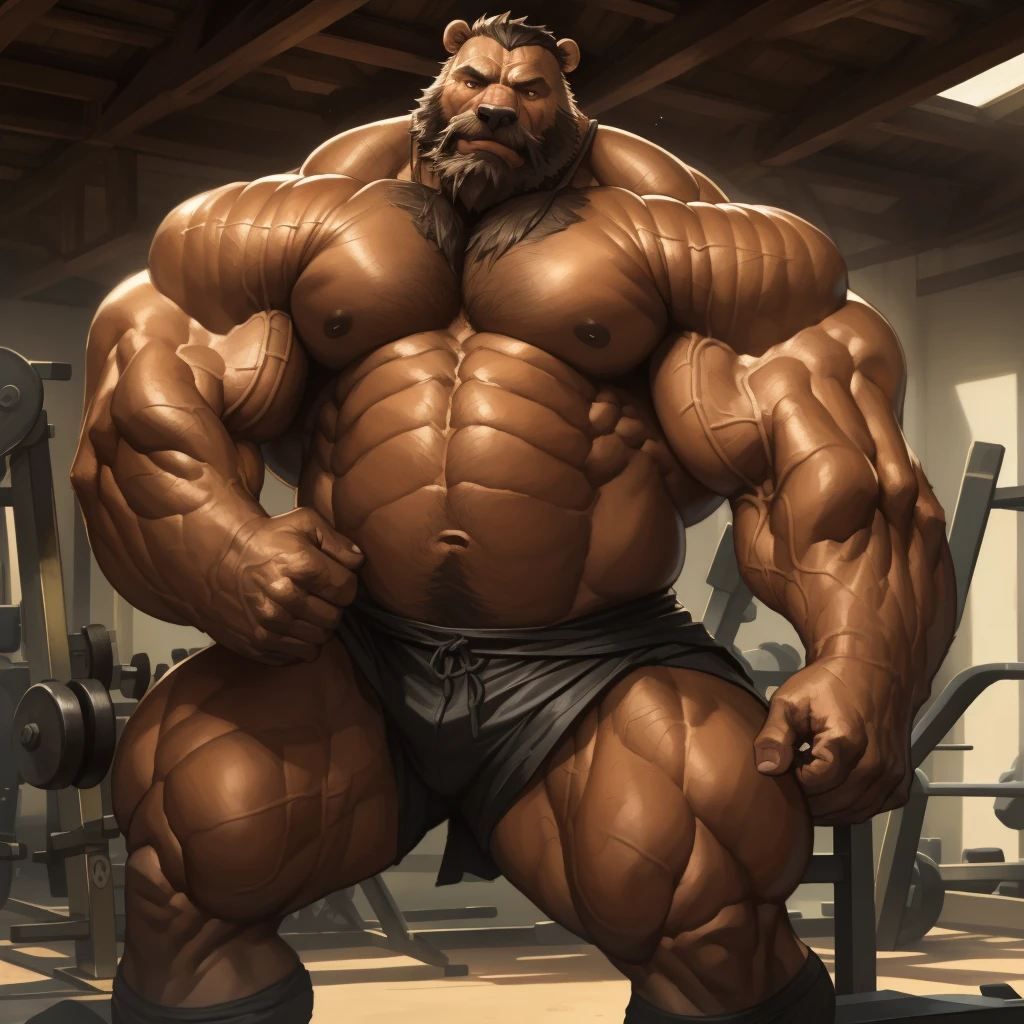 Arnold Schwarzenegger style
((in the style of the anime Z, )) ((in the style of and art by hayao Miyazaki, jiandou, taran fiddler, darkgem, )),
.detailed muscle, old bear, long beards, thick mustache, good anatomy, masterpiece, art winner, gym, extremely huge muscular, massive muscular, full-body, well-muscled old bear. ((extremely muscle size, super thick arms, huge pec, extremely wide pectoral , huge arms)). and add details to make it attractive and interesting.