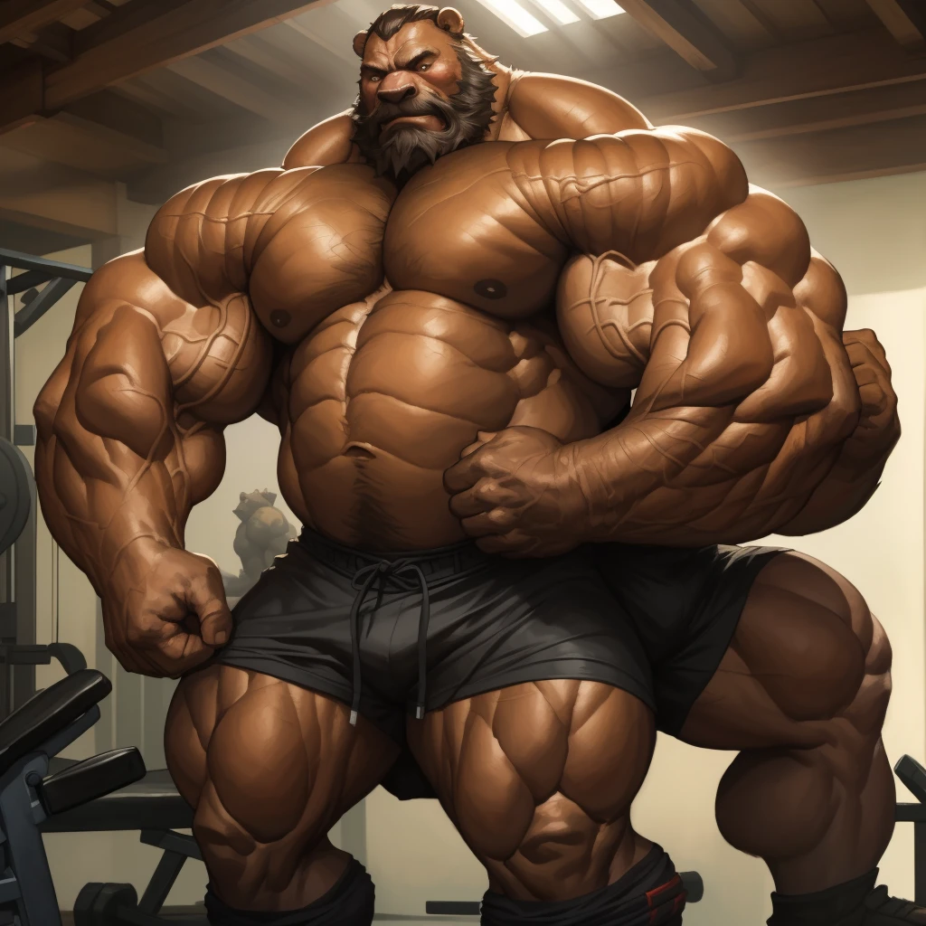 Arnold Schwarzenegger style
((in the style of the anime Z, )) ((in the style of and art by hayao Miyazaki, jiandou, taran fiddler, darkgem, )),
.detailed muscle, old bear, long beards, thick mustache, good anatomy, masterpiece, art winner, gym, extremely huge muscular, massive muscular, full-body, well-muscled old bear. ((extremely muscle size, super thick arms, huge pec, extremely wide pectoral , huge arms)). and add details to make it attractive and interesting.