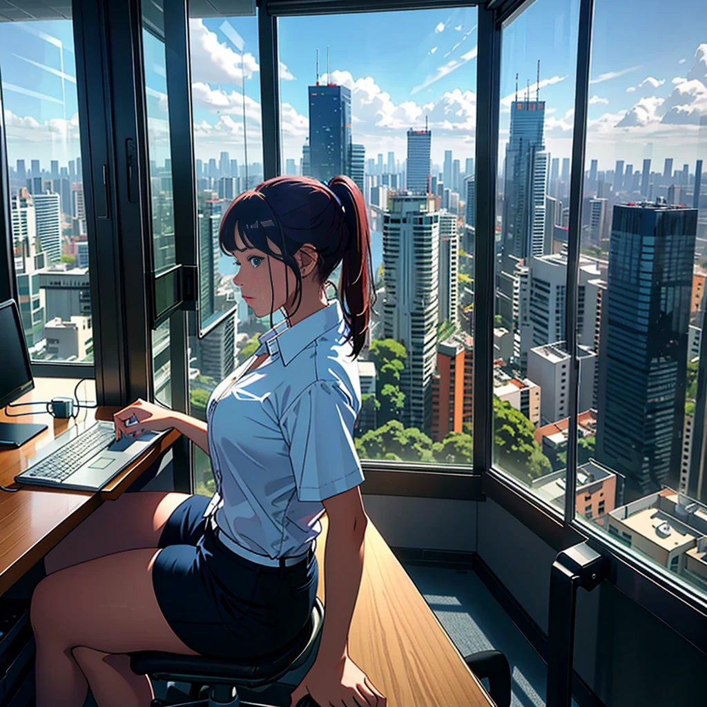 Woman sitting in front of a computer working in an office, Floor-to-ceiling windows overlooking the city of São Paulo