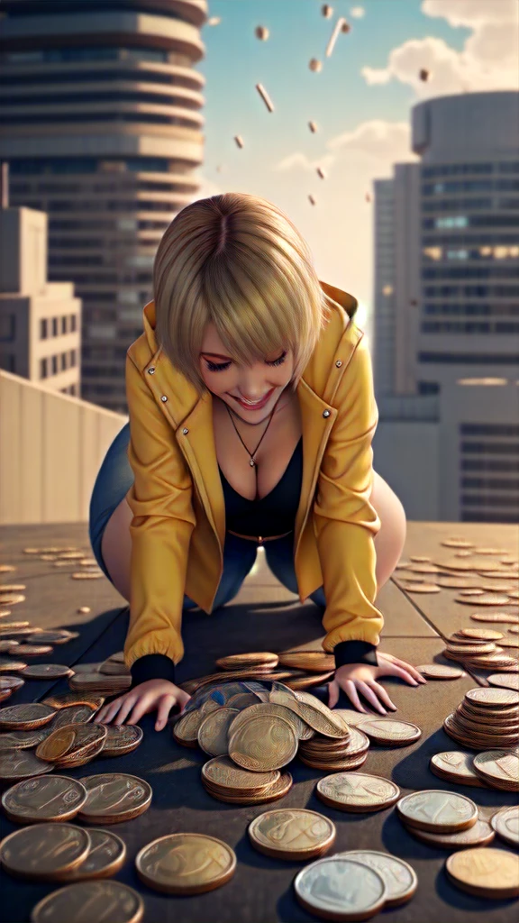 the finals game, view from the top, a busty blonde girl falls to her knees, cyberpunk hairstyle, in a black and yellow unbuttoned jacket, open neckline, a bullet pendant on her neck, smiling, full length, against the back. of coins falling from the sky, 8k art realism, graphics, comics, anime, sketch, grotesque, pencil, grunge, panorama