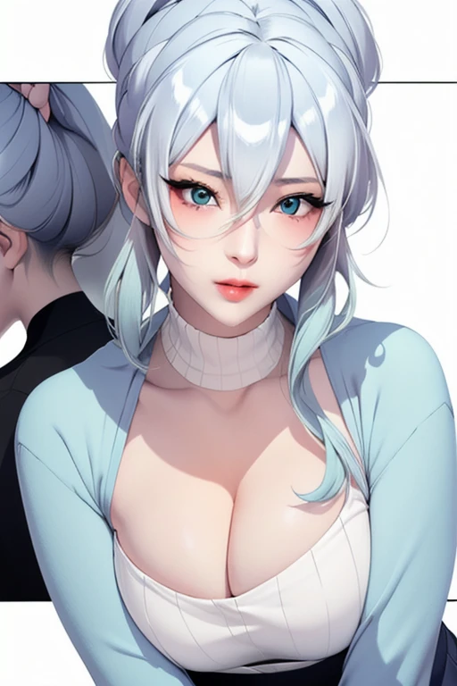 Simple White Background,
(((丰满柔软的breast,)))(((巨Large targetbreast))) (((Cleavage))) (Perfect curvy figure),clavicle,White_Ribbed_sweater,blue_skirt,blue_jacket, Pantyhose, (superior_Body),
blue_Eye,silver_hair,hair_between_Eye,hair_OK,
1 girl, 20 years old,Young women,beautiful Finger,beautiful long legs,beautiful body,beautiful Nose,beautiful character design, perfect Eye, perfect Face,expressive Eye,Perfect balance,
Looking at the audience,(Focus on her Face),Shut up, (Innocent_Large target_Eye:1.0),Light_Smile,
Official Art,Extremely detailed CG unity 8k wallpaper, Perfect lighting,rich and colorful, bright_front_Face_Lighting,有Light泽的皮肤,
(masterpiece:1.0),(最OK_quality:1.0), 超high resolution,4K,Extremely detailed,
photography, 8K, Human Development Report, high resolution, absurd:1.2, Kodak Portra 400, Film Grain, Blurred background, Bokeh:1.2, 镜头Light晕, (Energetic_color:1.2),专业photography师,
(beautiful,Large target_breast:1.4), (beautiful_Face:1.5),(narrow_waist),