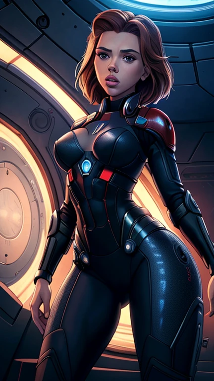 best quality)), ((masterpiece)), ((Scarlett Johansson)) (detailed), perfect teen face, playful 15 year old girl body, Sensual pose. Slim Athletic Body, perfect round breasts, toned abs, round ass, Inside a spaceship, wearing highly detailed black and blue futuristic skimpy mass effect armor, grandes senos, cintura pequeña, grandes caderas, desnuda.