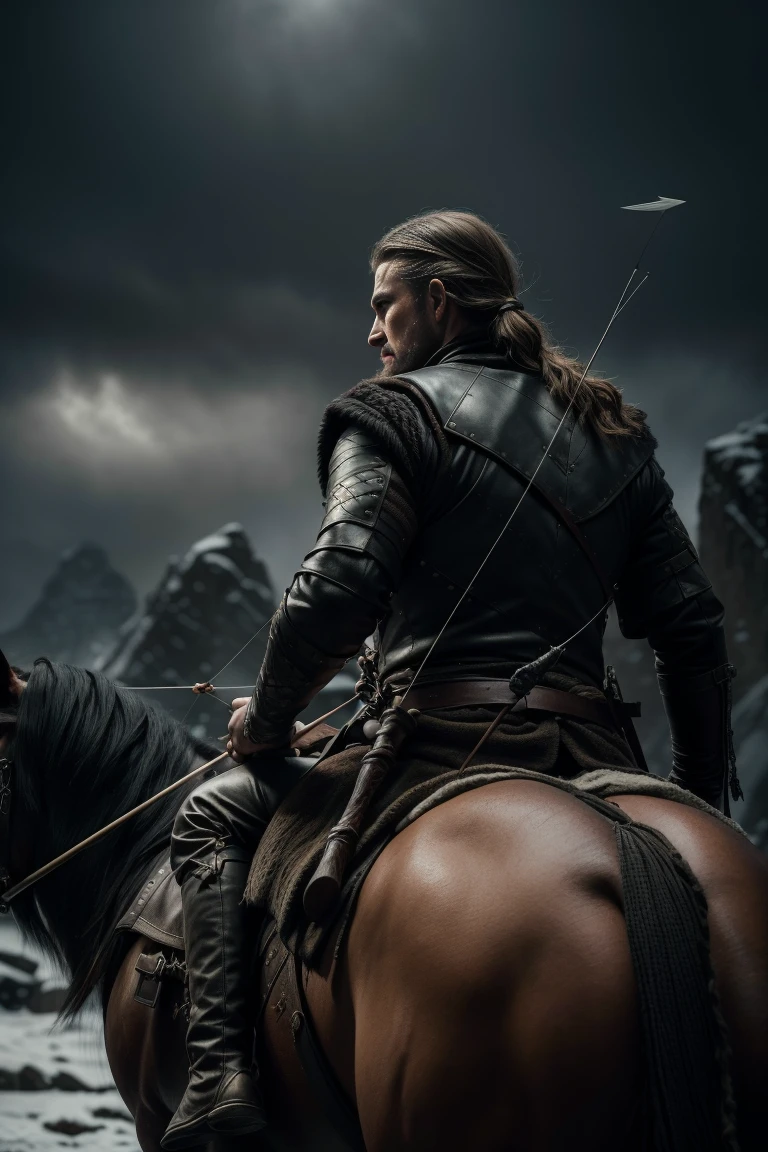 A photorealistic, highly detailed portrait of a young archer in the style of Game of Thrones, set in the frigid North of Westeros, wearing black cloth armor, with long hair, a light beard, and a confident, smirking expression, aiming a longbow from the back of his horse, (best quality,8k,highres,masterpiece:1.2),ultra-detailed,(realistic,photorealistic,photo-realistic:1.37),cinematic lighting,dramatic shadows,moody atmosphere,muted color palette,gritty and grim, 4k, archer, he is using a bow and arrow