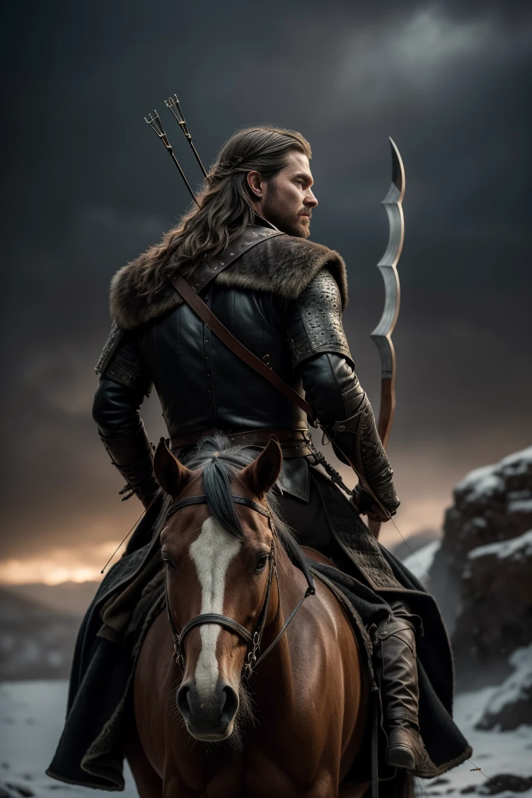 A photorealistic, highly detailed portrait of a young archer in the style of Game of Thrones, set in the frigid North of Westeros, wearing black cloth armor, with long hair, a light beard, and a confident, smirking expression, aiming a longbow from the back of his horse, (best quality,8k,highres,masterpiece:1.2),ultra-detailed,(realistic,photorealistic,photo-realistic:1.37),cinematic lighting,dramatic shadows,moody atmosphere,muted color palette,gritty and grim, 4k, archer, he is using a bow and arrow