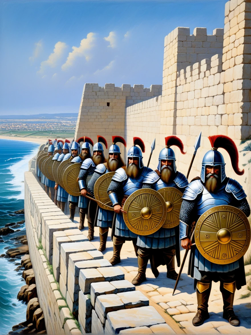 An oil painting depicting the dwarves mentioned in the Book of Ezekiel from the Bible, standing guard over the ancient walls of the city of Tyre. The scene shows the dwarves with sturdy, muscular builds, wearing traditional, intricately designed armor and helmets. They hold spears and shields, with determined expressions on their faces as they vigilantly watch over the city. The ancient walls of Tyre are depicted in the background, with a hint of the sea visible beyond. The overall atmosphere is one of ancient strength and timeless duty, rendered in rich, detailed brushstrokes typical of classical oil paintings.