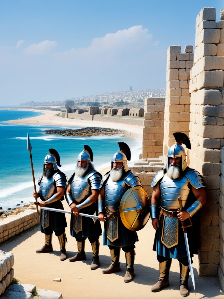 An oil painting depicting the dwarves mentioned in the Book of Ezekiel from the Bible, standing guard over the ancient walls of the city of Tyre. The scene shows the dwarves with sturdy, muscular builds, wearing traditional, intricately designed armor and helmets. They hold spears and shields, with determined expressions on their faces as they vigilantly watch over the city. The ancient walls of Tyre are depicted in the background, with a hint of the sea visible beyond. The overall atmosphere is one of ancient strength and timeless duty, rendered in rich, detailed brushstrokes typical of classical oil paintings.