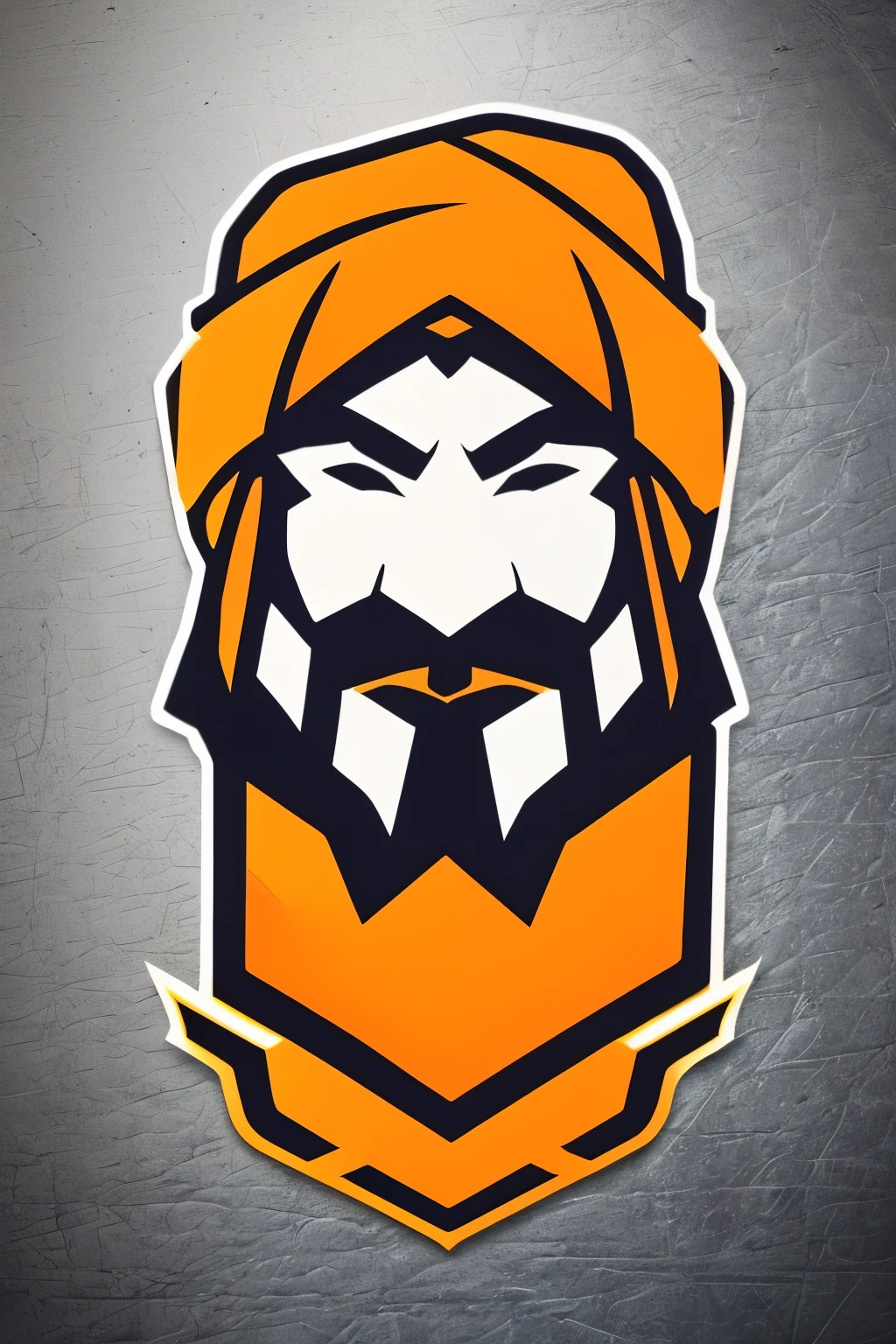 A logo of a close up of a man with a white beard and turban on a orange background, game logo, esports logo, inspired by Tyler Jacobson, official fan art, official fanart, kda, tyler jacobson style, patch logo design, blade, warrior, sheild