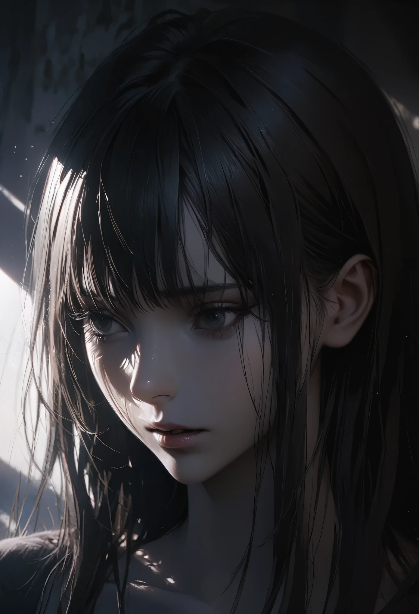 a beautiful woman in a secret AI-powered place, surreal dark atmosphere, dramatic lighting, highly detailed, photorealistic, cinematic composition, intense emotion, chiaroscuro, dramatic shadows, melancholy, (best quality,8K,highly detailed,masterpiece:1.2),intricate details,realistic skin and eyes,dramatic contrast,cinematic lighting,moody colors,somber tones,emotional expression,serene yet haunting