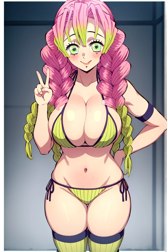 (masterpiece, best quality),  intricate details,
MitsuriKanroji, kanroji mitsuri, 1girl, solo, long hair, winking, green eyes, pink hair, green hair, twin braids, smile, cute smile, blushed smile, blush, blushing, large breast, huge breasts, bikini top, collarbone, neck, bare shoulders, yellow bikini top, cleavage, full body, cowboy shot, plain background, white background, photoshoot, perfect shot, perfect framing, full body shot, hands behind head, tongue out, ;p, peace sign