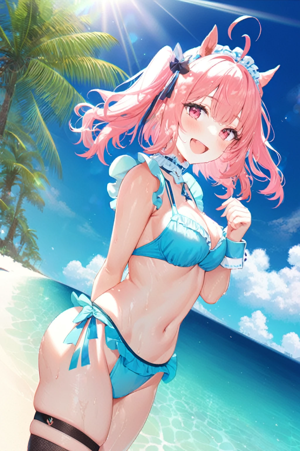 pink hair,  twintails, white maid, bikini, closeup shot, masterpiece, best quality, high quality, hyper detailed, ultra detailed, insanely detailed, beautiful, 4K, 8K, highres, kawaii, blush, cheerful smile, lens flare, dust effect, bloom, shining lights, bloom, fish-eye lens, vibrant colors, from side, looking at viewer, duch angle, morning glory, dappled sunlight, plant, creavage, thighs, palm tree, wet hair, wet, (powder light), splash, wave, floating hair, water drop, sparkling glitter, thunder head, 