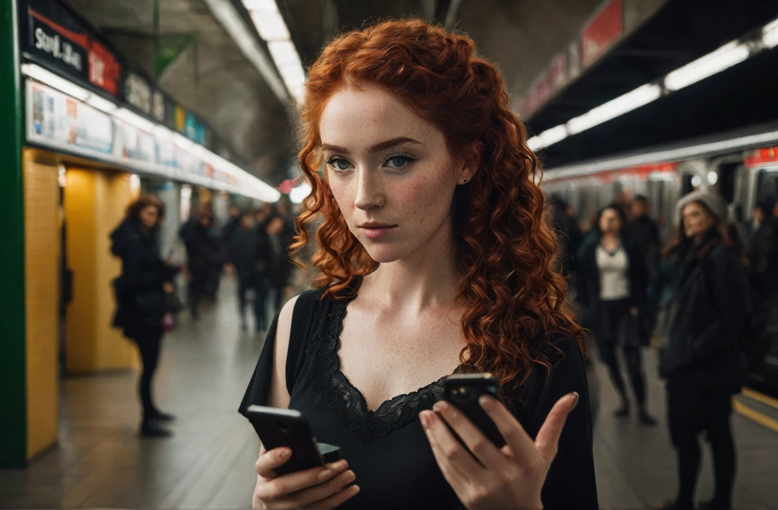 a beautiful red-haired Irish woman with curly hair and freckles on her face, green eyes, wearing a black dress, looking at her iphone 14 in a subway station, realistic portrait, highly detailed, hyper-realistic, cinematic lighting, warm color tones, photorealistic, intricate details, sharp focus, masterpiece, 8k