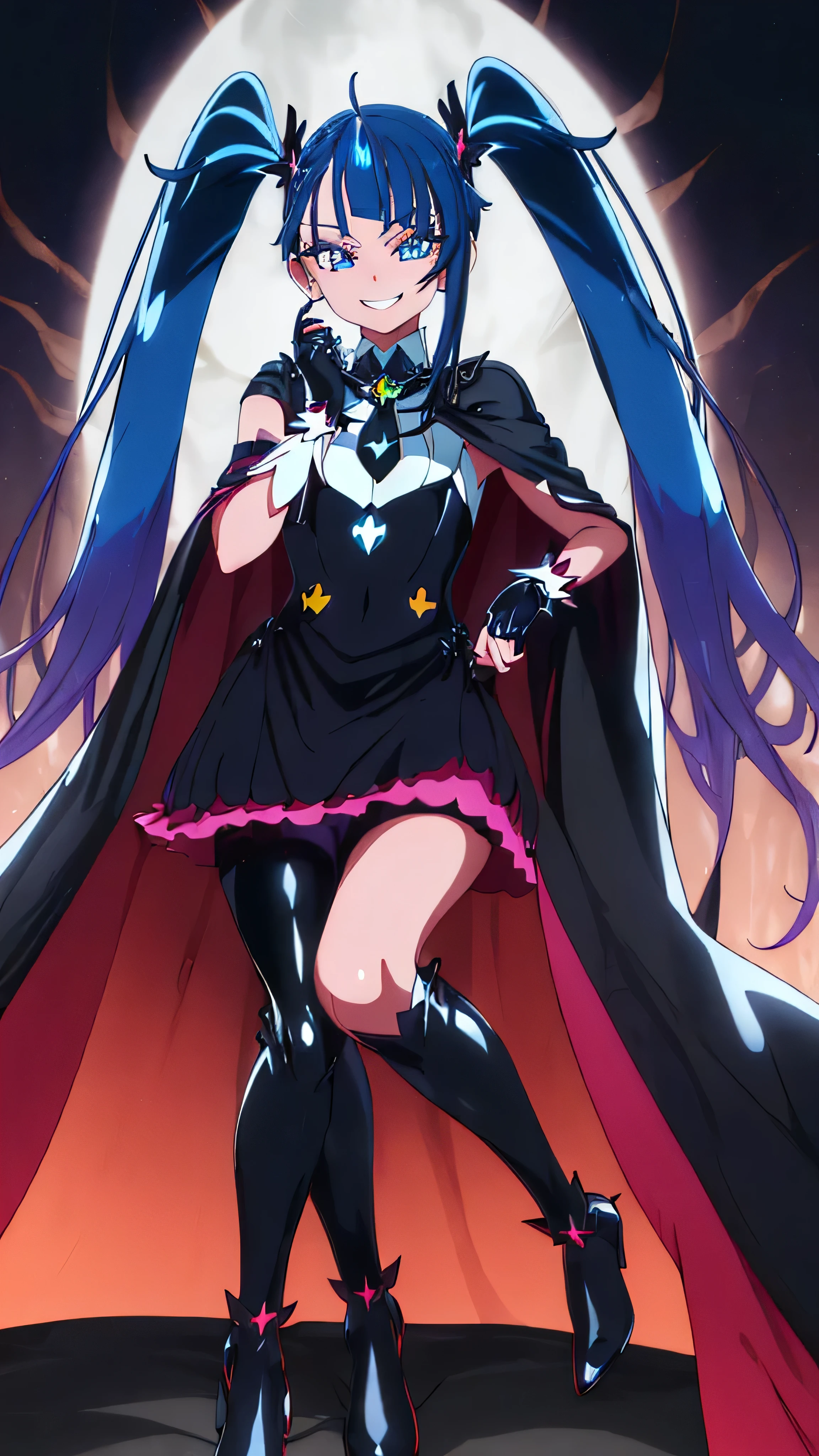 Highest quality, Super detailed,One girl, alone, {cure_null_hirogarunullprecure:1.15}, Dark blue hair, blue eyes, Blue flames in the eyes, Long Hair, Twin tails, Magical girl, bangs, Open your mouth, Redhead, multicoloRedhead, One girl, blunt bangs, Darken your clothes, hair ornaments, Wicked Smile, devilish aura (Shiny fabric:1.5), Full Body Shot, Purple Gemstone, Fascinating, blush, (Beautiful attention to detail:1.6), Highly detailed face, Perfect lighting, Highly detailed CG, (Perfect hands, Perfect Anatomy), devil, Red and black color scheme, Shiny material, Grin, Black Ribbon, Black satin gloves, Evil clover leaf ornament, Black ruffles, jewelry, corruption, Latex gloss, Black Gothic Cloak, Wicked Smile, Dark world background, Red Moon, cloudy null, CG Style, One-sided black wing,deep shaded face,sadistic smile,Malice,contempt,laugh at,two hands,two legs,five fingers,