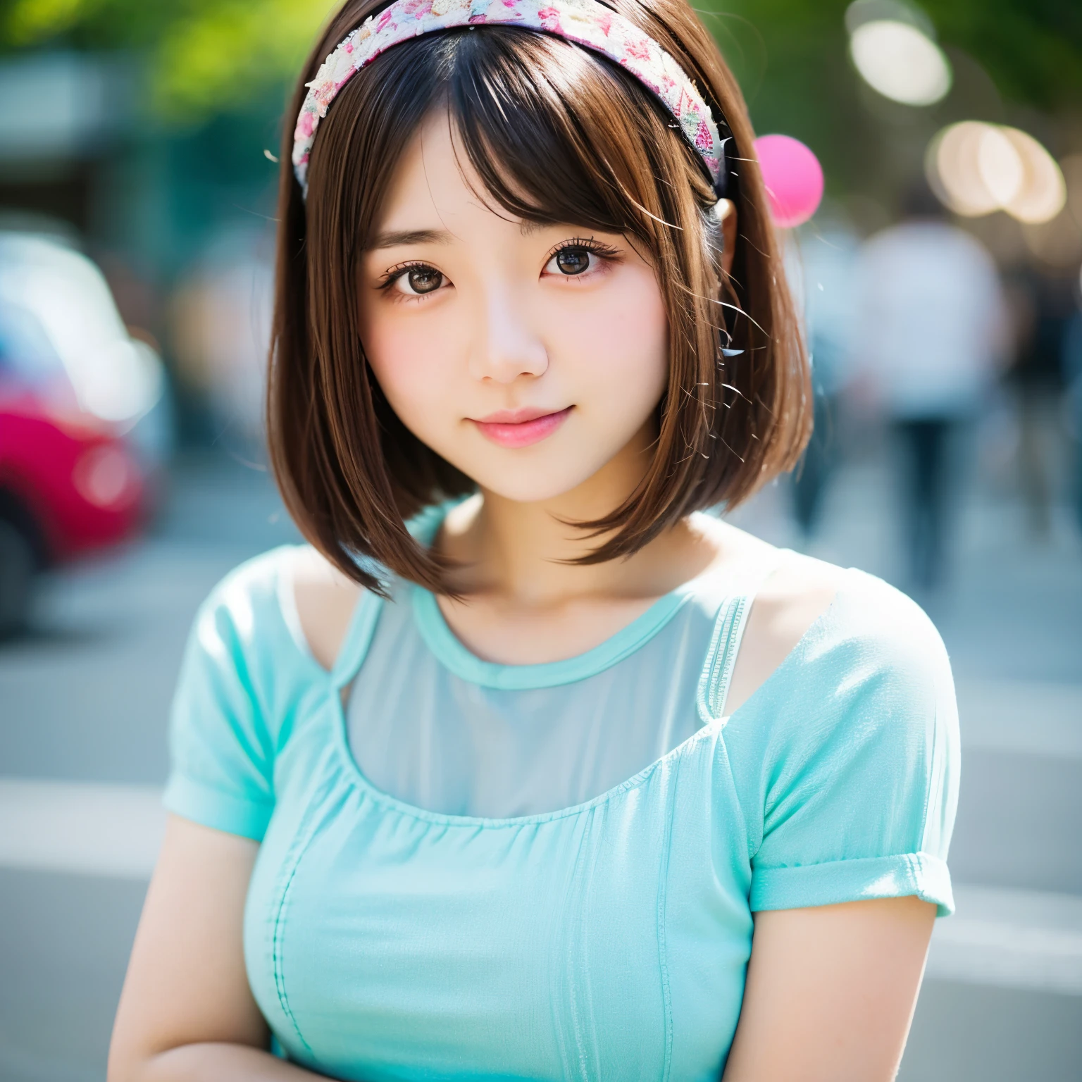 one girl、((smile:0.1))、Medium Bob、Half-up hairstyle、brown hair、delicate girl、Upper body、small breasts、unreasonable precision、Super detailed、completely flat、Honesty、professional lighting, film grain, chromatic aberration, (Eye and face details:1.0), (bokeh:1.1)、software:1.5)))、 highest quality, 8K, 17 years、Wearing a headband、LOL、Street Snap、Stylish clothing
