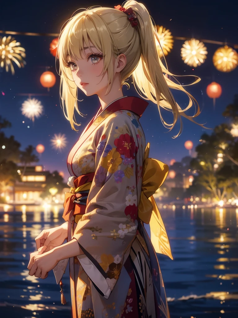 Kyoko , kimono night in firework , blonde hair, pigtailed haired , yellowish eyes