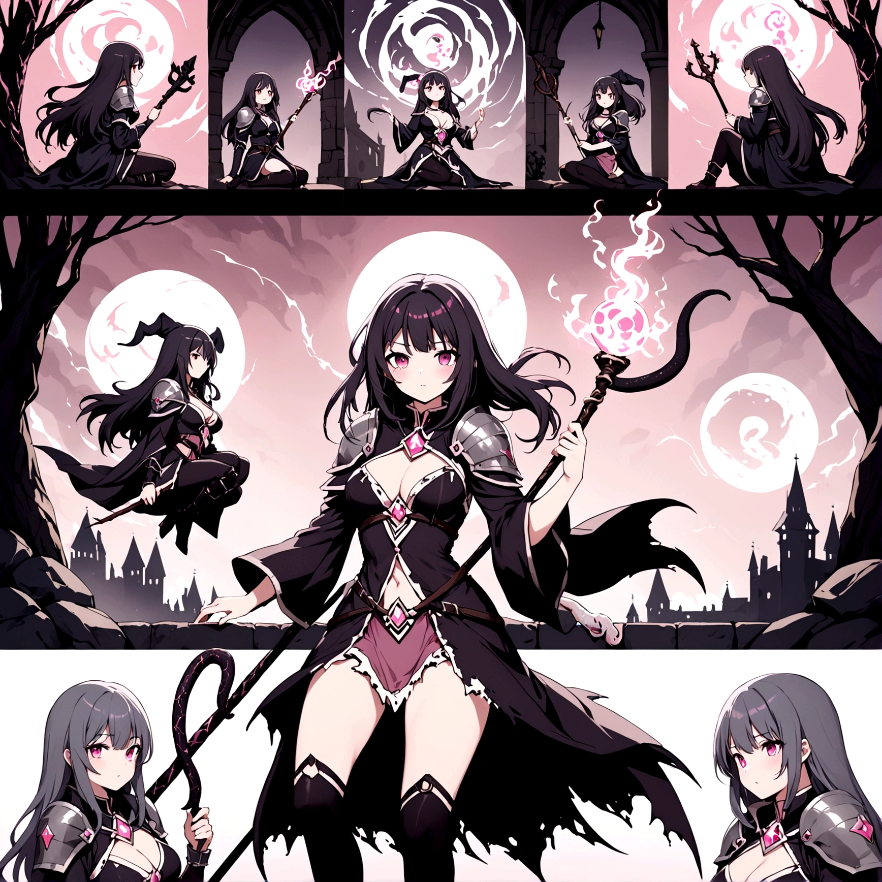 Lorana character adult is a witch in a dark torn dress, silver shoulder pads: snake reliefs, orbs: pink skulls sketchbook: the character in 3 ways front, back and in profile, various poses: combat, sitting, Snake Staff: emanation of dark in a medieval city
