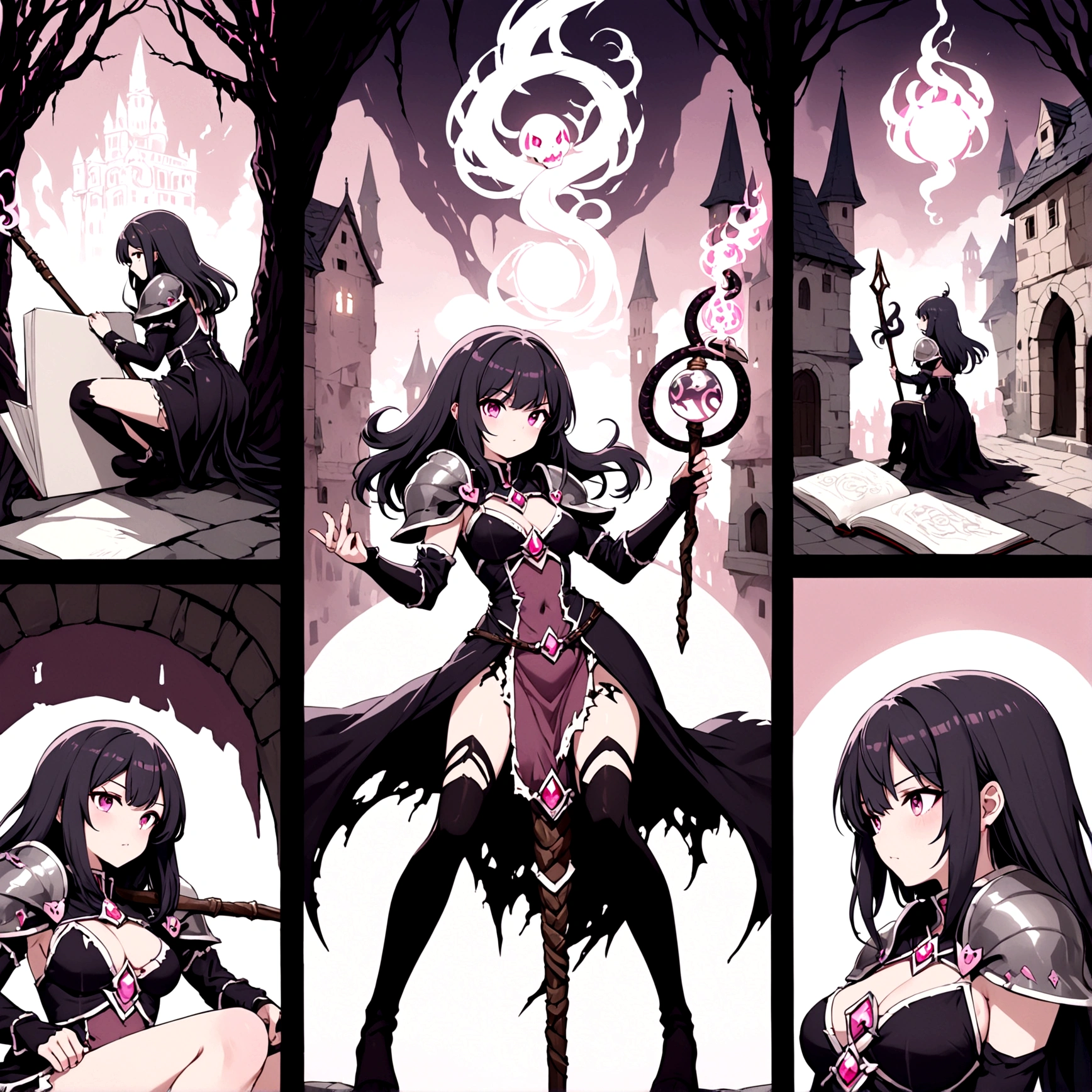 Lorana character adult is a witch in a dark torn dress, silver shoulder pads: snake reliefs, orbs: pink skulls sketchbook: the character in 3 ways front, back and in profile, various poses: combat, sitting, Snake Staff: emanation of dark in a medieval city
