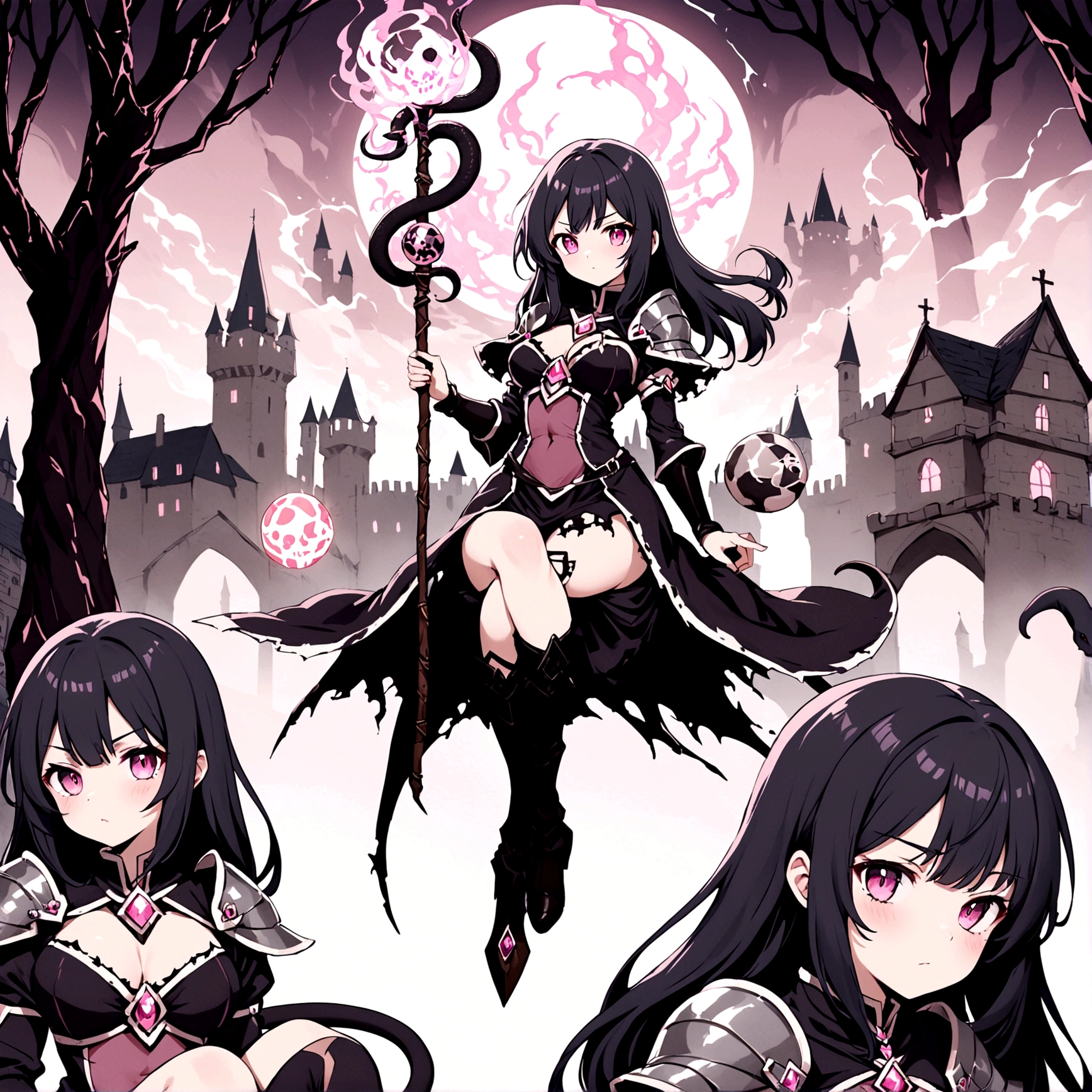 Lorana character adult is a witch in a dark torn dress, silver shoulder pads: snake reliefs, orbs: pink skulls sketchbook: the character in 3 ways front, back and in profile, various poses: combat, sitting, Snake Staff: emanation of dark in a medieval city
