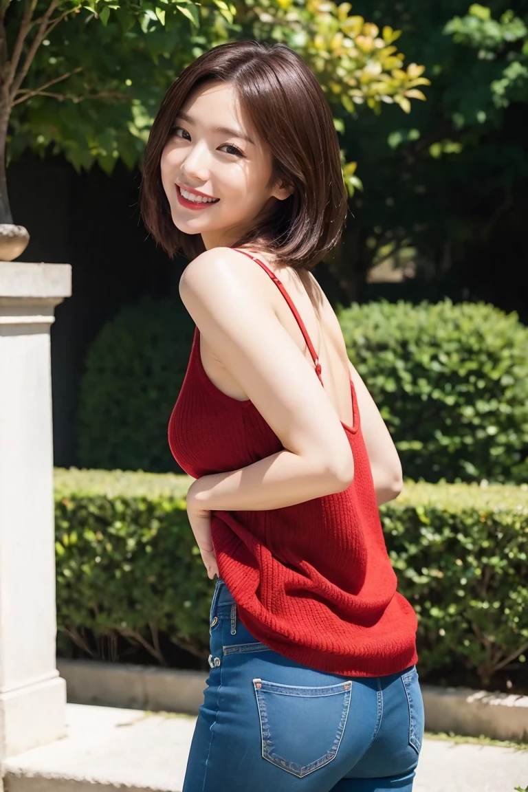 Highest quality,8k,Brown Hair,Shoulder-length bob,clear系美女,ccup,smile,Shiny skin,Sleeveless knitwear,Wearing jeans,Shown in full-body photo,Looking up,Strong sunlight, bright, She is smiling gently with the corners of her mouth turned up,Realistic skin texture,double eyelid,Japanese,Taking a selfie,Eye color is dark brown,garden,a sunny day,clear,19~22age,Photorealistic,,Looks energetic,giggle,Super detailed,Ultra-high resolution,She is wearing red lipstick,Arch your back,Standing posture with back arched