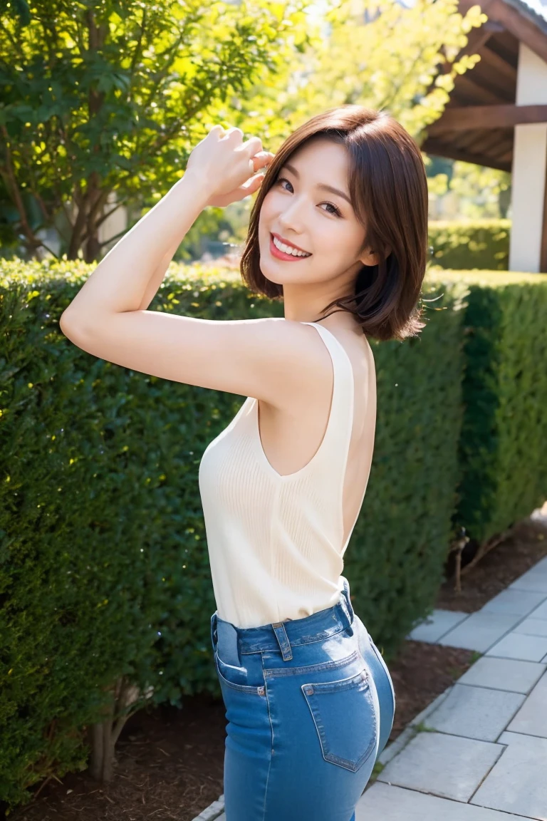 Highest quality,8k,Brown Hair,Shoulder-length bob,clear系美女,ccup,smile,Shiny skin,Sleeveless knitwear,Wearing jeans,Shown in full-body photo,Looking up,Strong sunlight, bright, She is smiling gently with the corners of her mouth turned up,Realistic skin texture,double eyelid,Japanese,Taking a selfie,Eye color is dark brown,garden,a sunny day,clear,19~22age,Photorealistic,,Looks energetic,giggle,Super detailed,Ultra-high resolution,She is wearing red lipstick,Arch your back,Standing posture with back arched