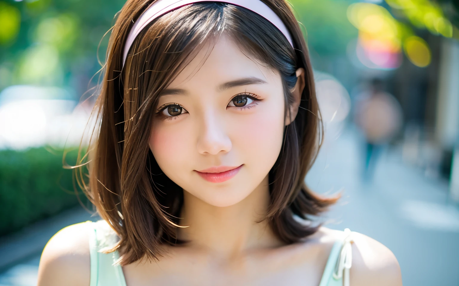 one girl、((smile:0.1))、Medium Bob、Half-up hairstyle、brown hair、delicate girl、Upper body、small breasts、unreasonable precision、Super detailed、completely flat、Honesty、professional lighting, film grain, chromatic aberration, (Eye and face details:1.0), (bokeh:1.1)、software:1.5)))、 highest quality, 8K, 17 years、Wearing a headband、LOL、Street Snap、Stylish clothing