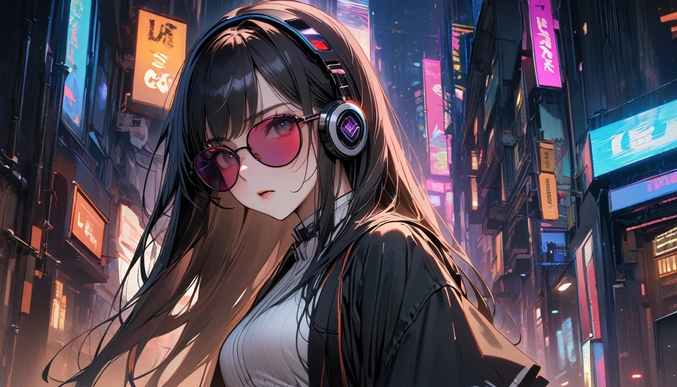 (((8K, Masterpiece, high resolution, highest quality, highest quality real texture skin))), ((wearing Japanese pattern headphones)), (((1 girl))), (((Shinsengumi no Haori))), (((Holding a sword))), (((Cyberpunk City at Night))), ((sunglasses)), (((Maid))), (Black shiny hair, beige skin)